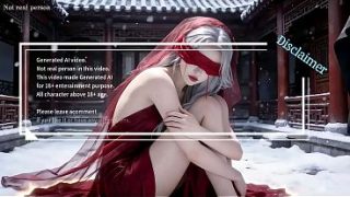 Gadis Tionghoa klasik berkulit salju, berambut putih dan bergaun merah. Adegan oral, ejakulasi, episode pertama, hasil AI.
